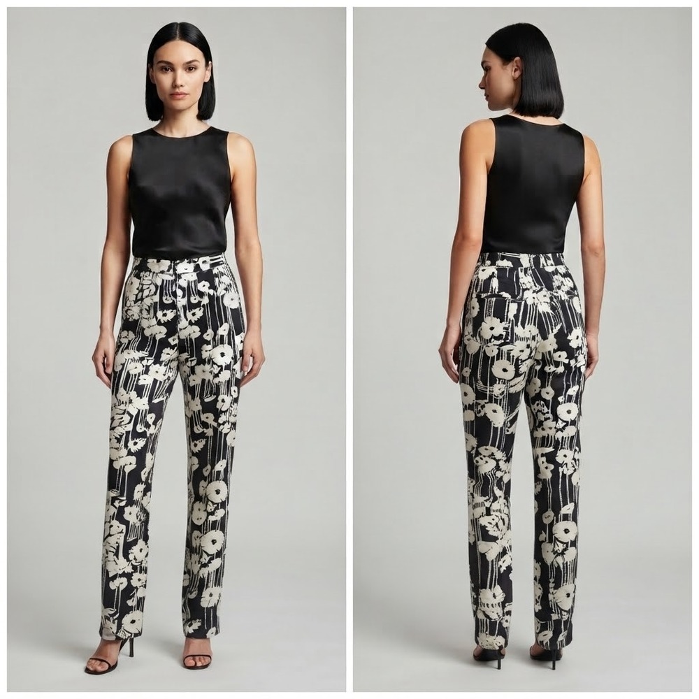 Adrianna Papell Silk Floral Pants Black White Straight Leg Side Zip Women 10